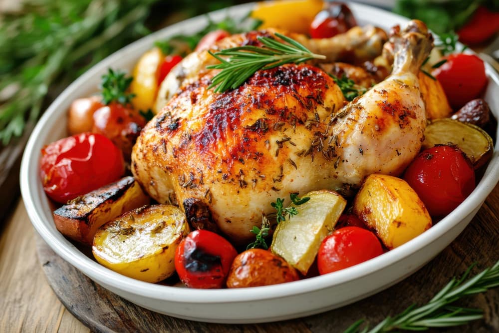 Un poulet rôti succulent avec des légumes