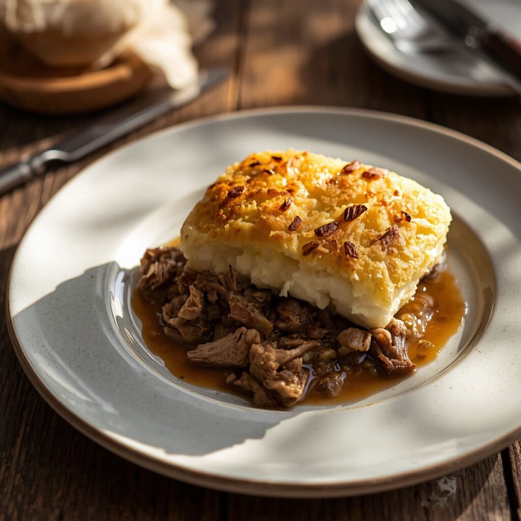 Hachis parmentier de canard dans une assiette