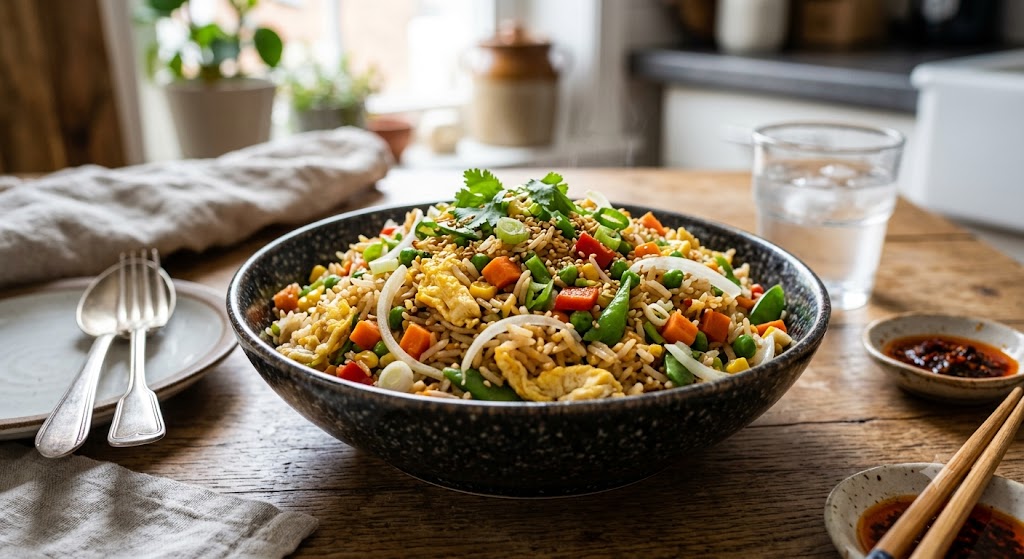 Riz sauté aux légumes et œuf