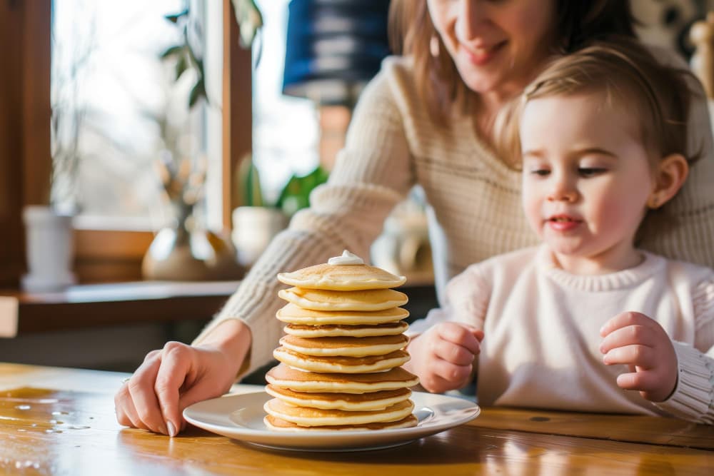 Maman et le tout petit empilent pancakes