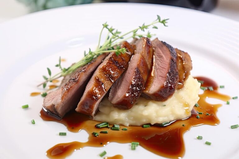 Filet de canard glacé avec purée de pommes de terre